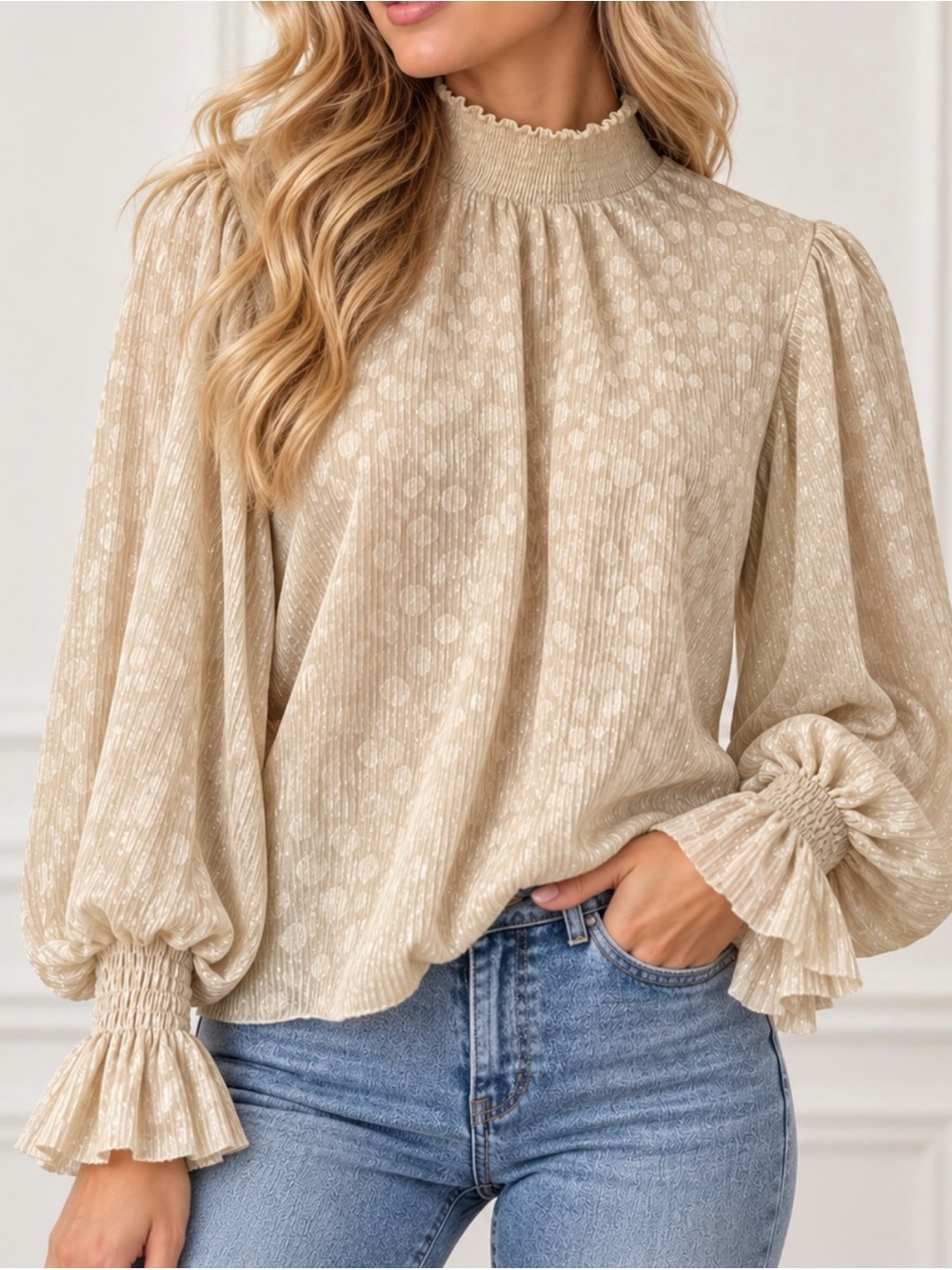 1. STATE Metallic Pleated Mock Neck Blouse